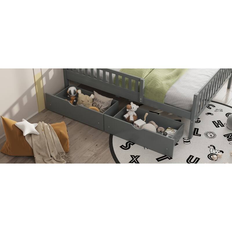Full Size Wood Platform Bed with Guardrails and Storage Drawers, Gray