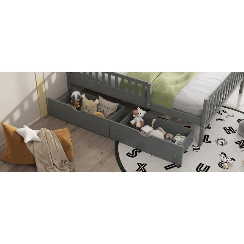 Full Size Wood Platform Bed with Guardrails on Both Sides
