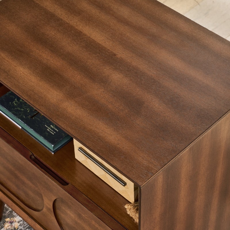 Walnut Mid-Century Modern Nightstand with USB Charging, Drawer & Open Shelf