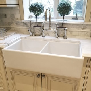 SAFAVIEH Farmhouse Double Bowl Kitchen Sink, 33" x 18" Ceramic - 33" W x 18" D x 16" H
