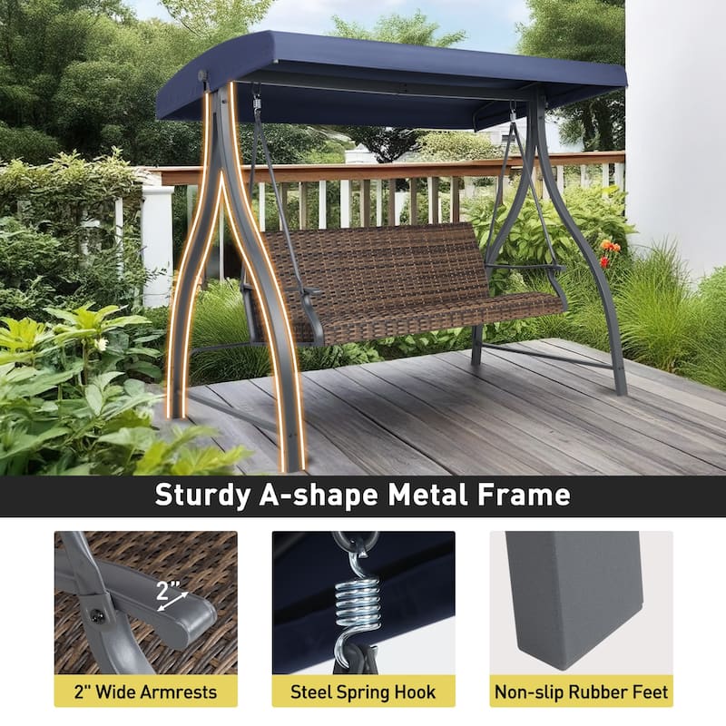 Aoodor 3-Seat Outdoor Rattan Patio Swing with Adjustable Canopy - Stylish Comfort for Your Porch, Garden, and Yard