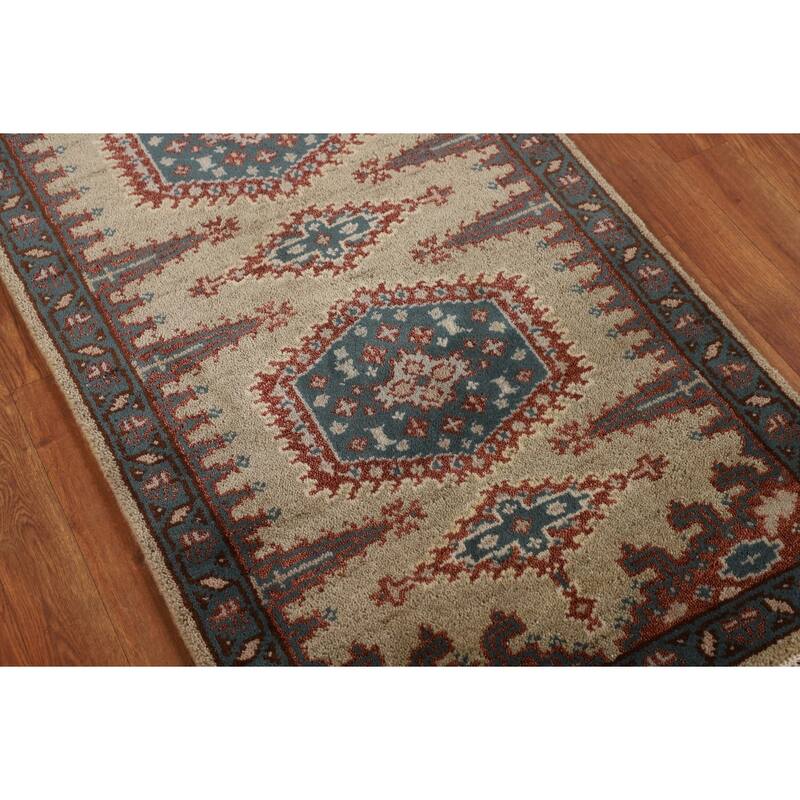 Geometric Viss Indian Runner Rug Handmade Wool Carpet - 2'6"x 9'9"
