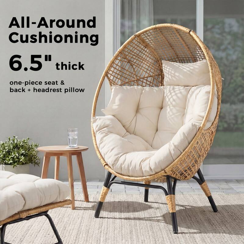 Oversized Wicker Egg Chair with Ottoman, 6.5" Thick Cushions, 440 lb Capacity, Stationary Boho Indoor/Outdoor Lounge Chair