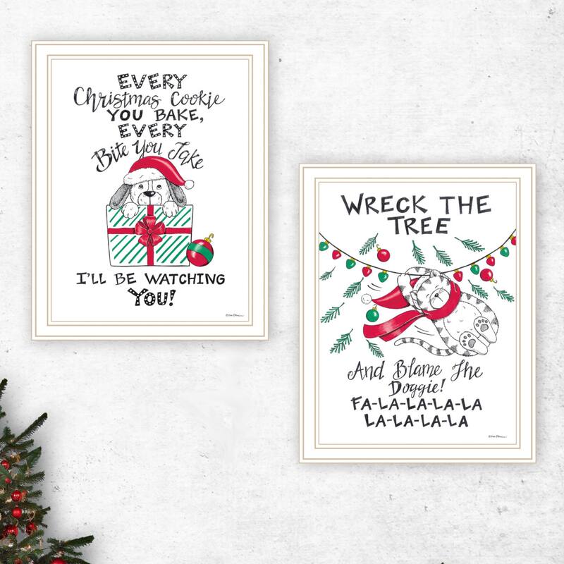 2-Piece Framed Wall Art Set - Cat & Dog Christmas Enjoyment, White Frame