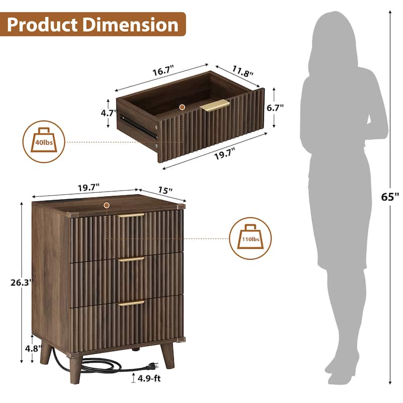 3 Drawer Dresser for Bedroom Nightstand with Charging Station