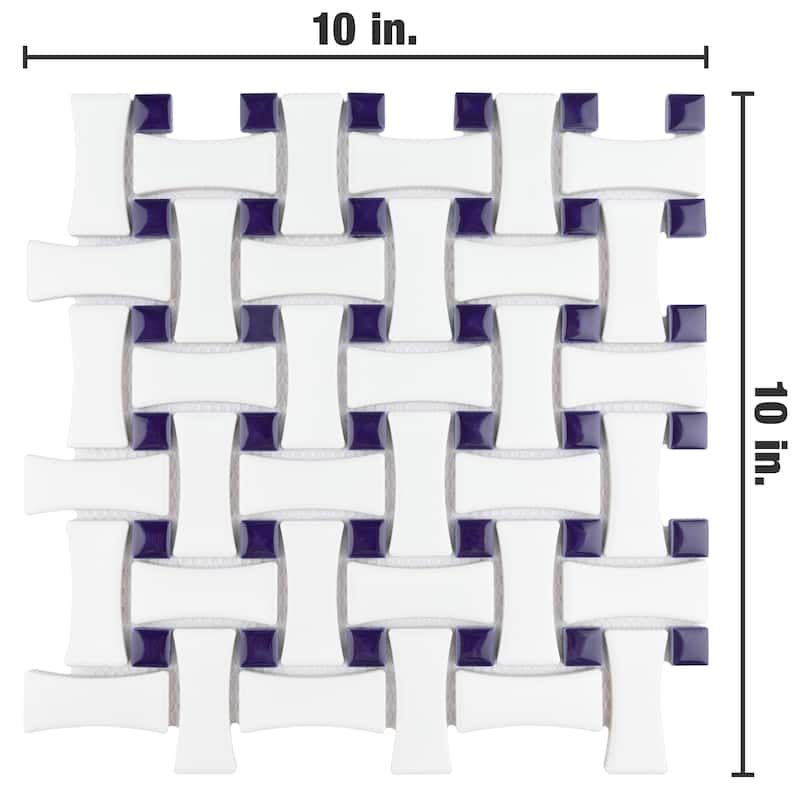 Merola Tile Metro Dog Bone Basketweave White w/Cobalt Dot 10" x 10" Porcelain Mosaic Tile