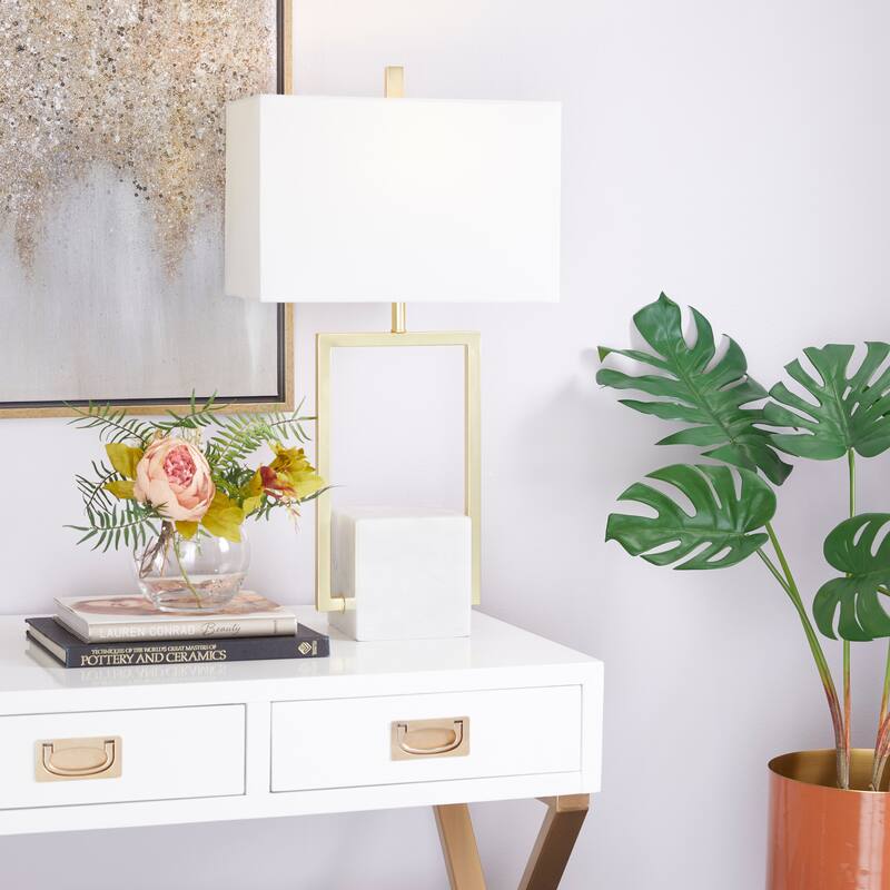 CosmoLiving by Cosmopolitan Gold Marble Geometric Table Lamp with Square Shade - White/Silver or White/Gold - 15"L x 9"W x 27"H - White/Gold