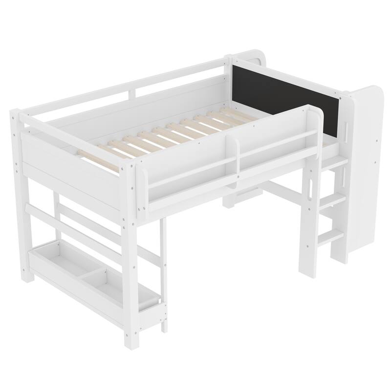 Low Solid Wood Loft Bed with Bookcase, Desk, Drawers and Storage Boxes