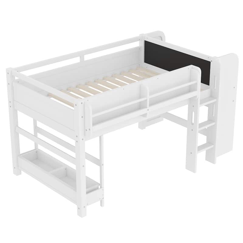 Twin Loft Bed with Multi-storage Bookcases, Boxes and Drawers, Solid Wood Low Loft Beds with Desk and Blackboard