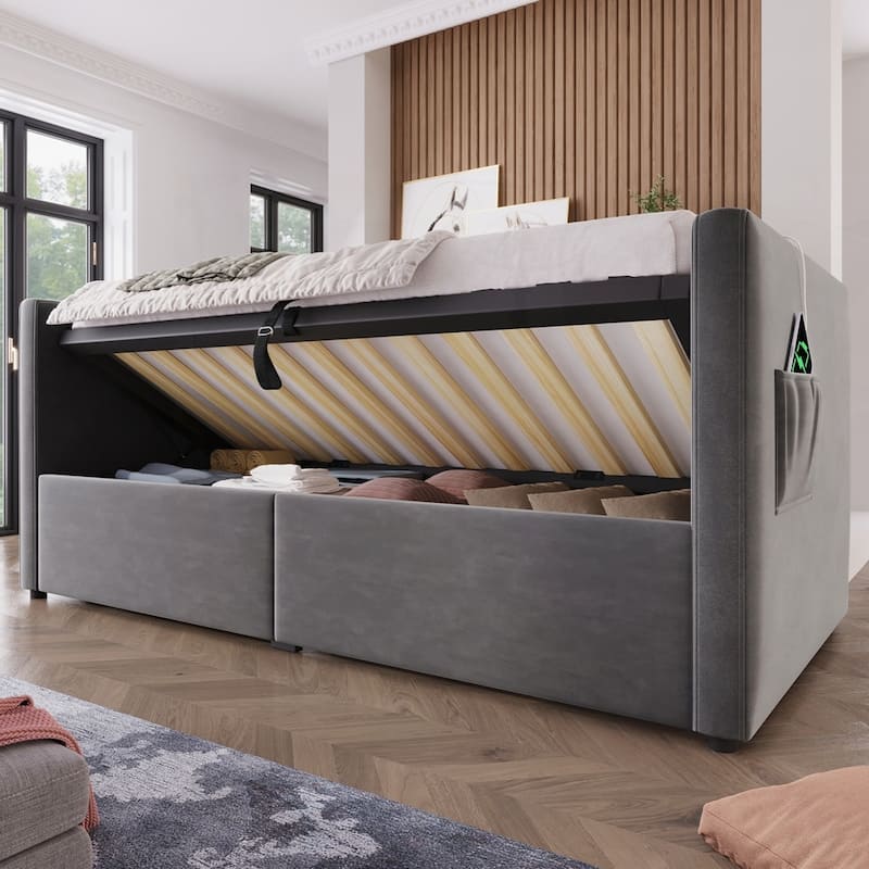 Hydraulic Storage Twin Bed Frame with Wooden Slats and Tufted Sofa Back