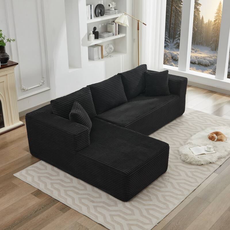 Modular Sectional Sofa with L-Shape Chaise, Oversized Corduroy Upholstered Cloud Sofa, Deep Seat Sofa with 2 Throw Pillows