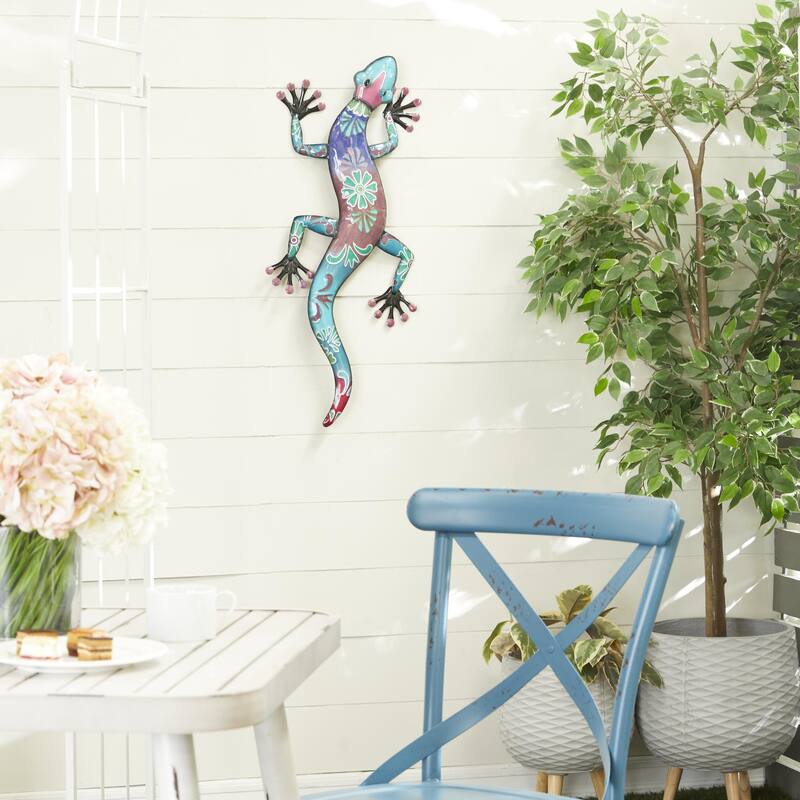 Multi Colored Metal Indoor Outdoor Artificial Lizard Home Wall Decor with Teal and Yellow Accents - Blue - 18"W, 33"H