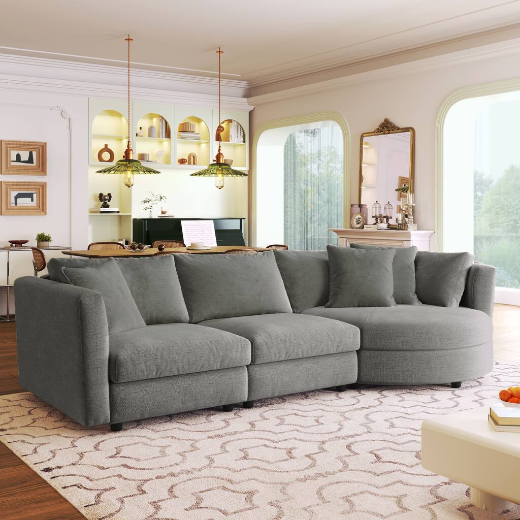 Curved Chenille Fabric Sofa with 3 Pillows, Removable Cushions, Wood Frame for Living Room