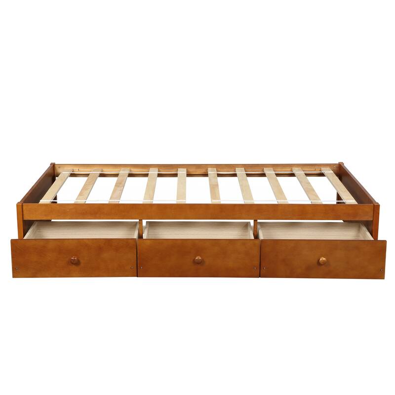 Twin Size Platform Storage Bed with 3 Drawers, Pine Wood Frame, Espresso Finish