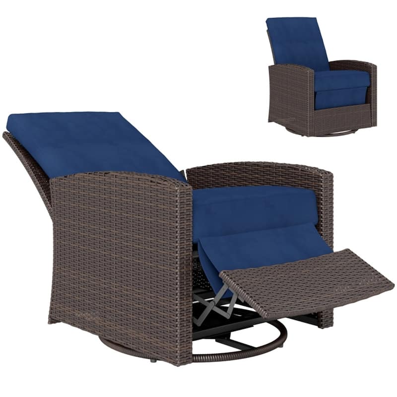 Handwoven PE Rattan Patio Recliner Chair with Swivel and Comfortable Removable Cushion - 28.75" L x 37.5" W x 37" H
