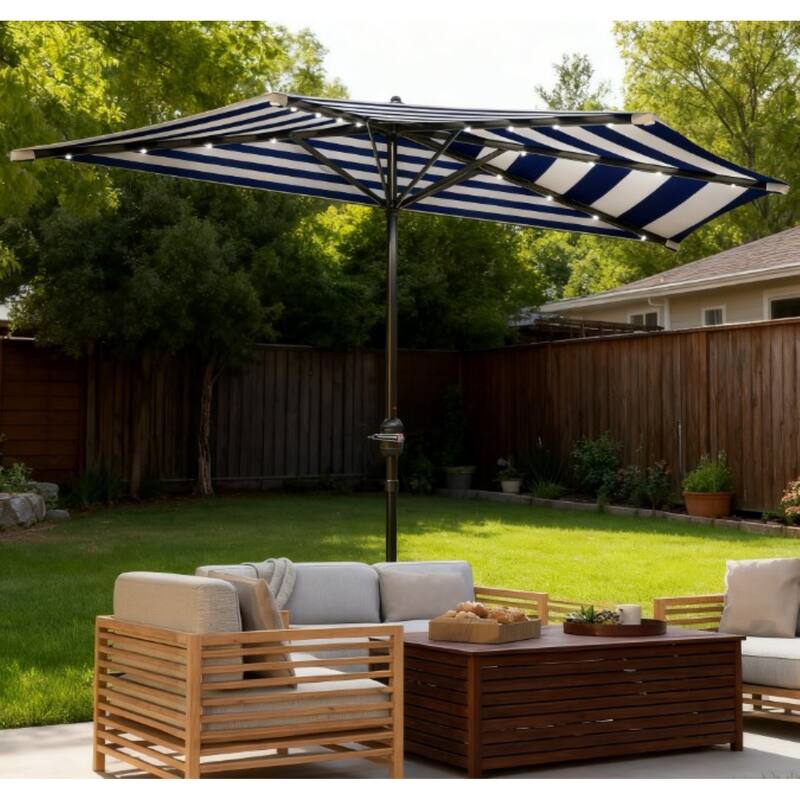 GDFStudio Outdoor Ilyra Polyester Half Patio Umbrella with Solar LED Lights and Steel Pole