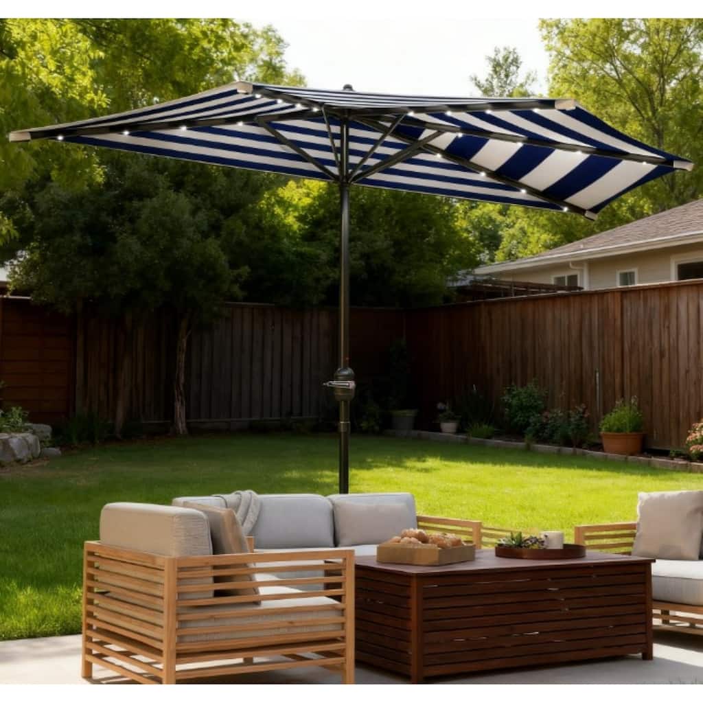 GDFStudio Outdoor Ilyra Polyester Half Patio Umbrella with Solar LED Lights and Steel Pole