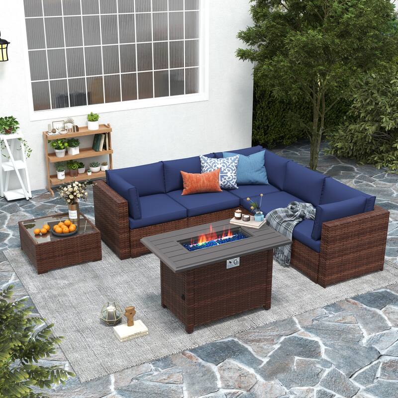 7 Piece Wicker Set Patio Sofa Furniture with Fire Pit And Table