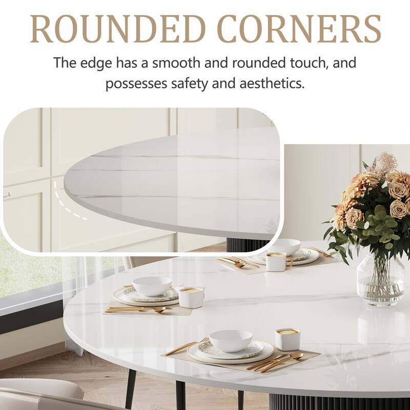 59" Modern Round Dining Table for 6-8, Glossy White Sintered stone Table top, Steel Grille column base