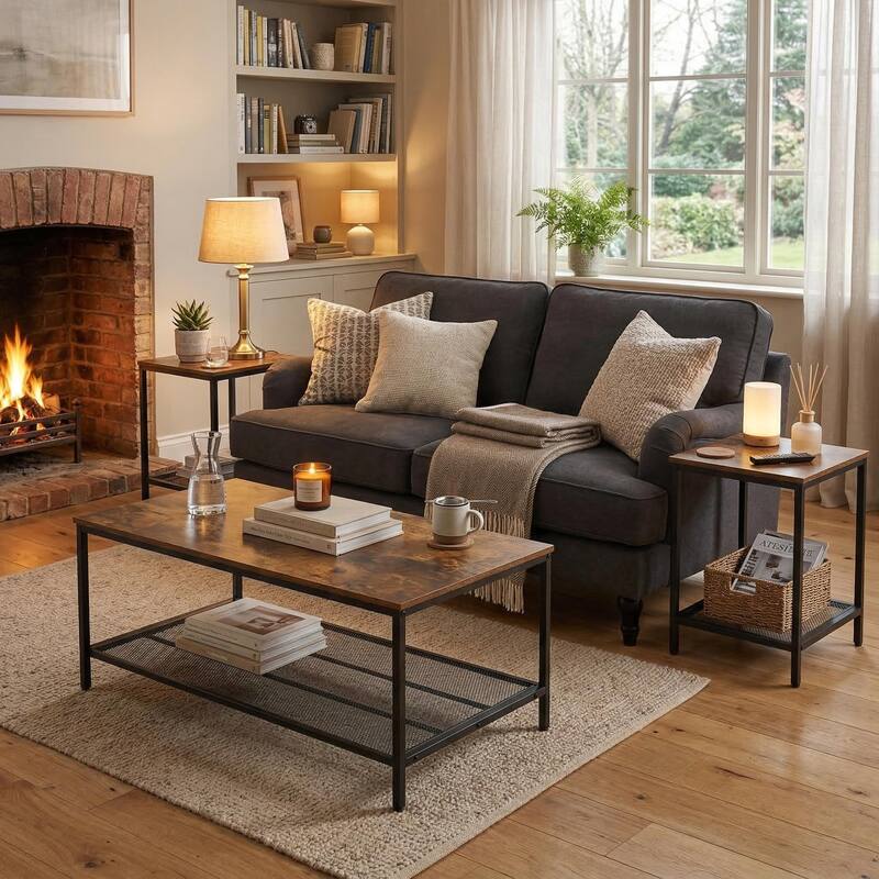 FurnitureR Industrial 3-Piece Coffee Table Set with 2 End Tables, Metal Frame Living Room Table Set