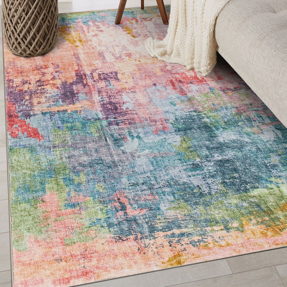 World Rug Gallery Contemporary Distressed Abstract Washable Non-Slip Area Rug