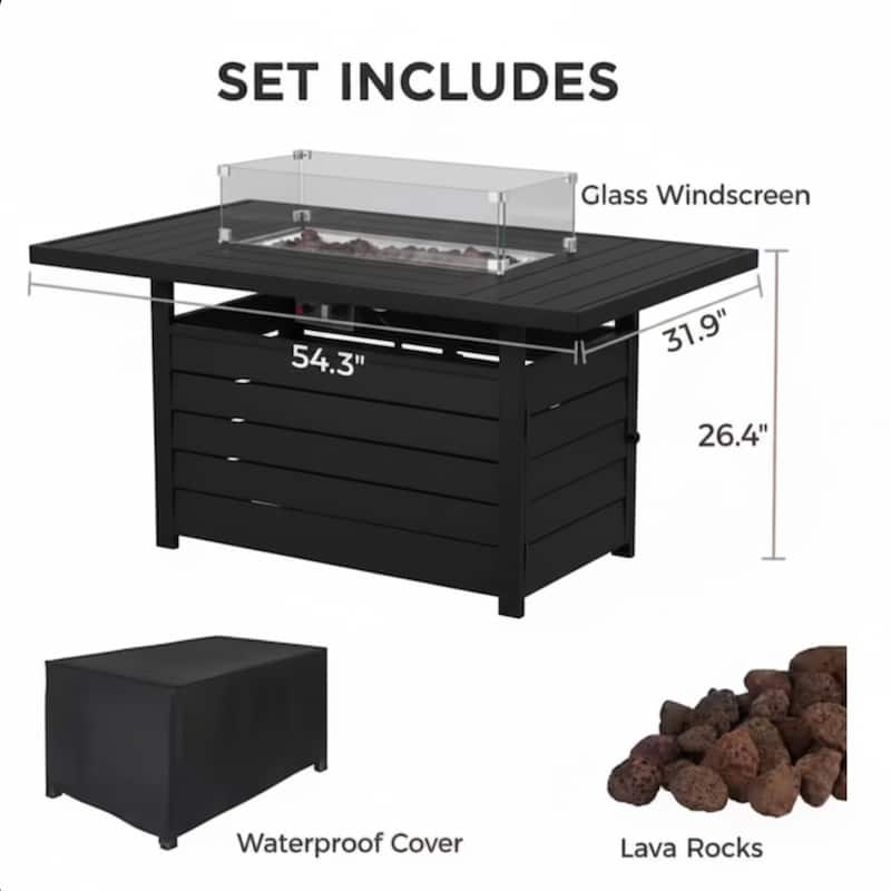 54.3" Patio Black Aluminum Fire Pit Table, 50000 BTU CSA Certified, Waterproof Cover