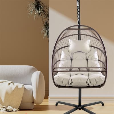 Wicker Rattan Swing Egg Chair with C Type Stand,Cushion and Pillow