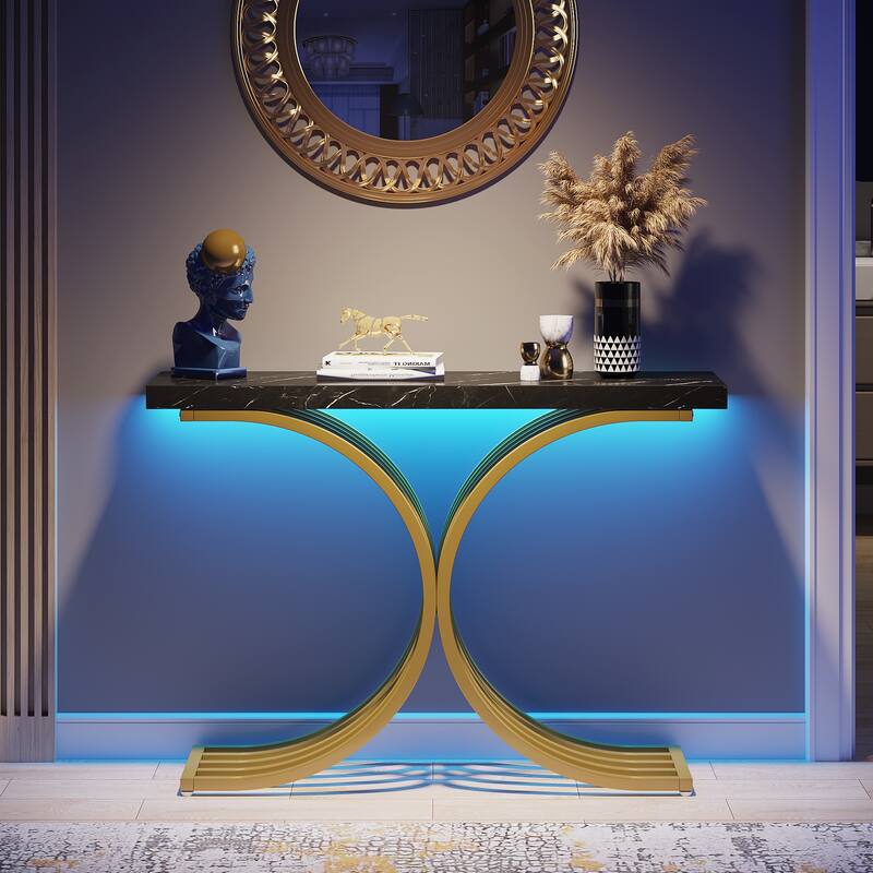 43" Modern Console Table with Gold Base, Geometric Entryway Sofa Table for Living Room Faux Marble, Gold