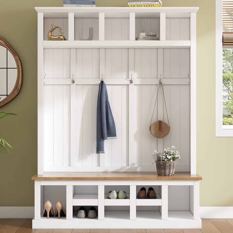78''H Modern Hall Tree with Wide Storage Seating Bench,Entryway Shoe Cabinet with 13 Compartments,Elegant Coat Rack with 6 Hooks