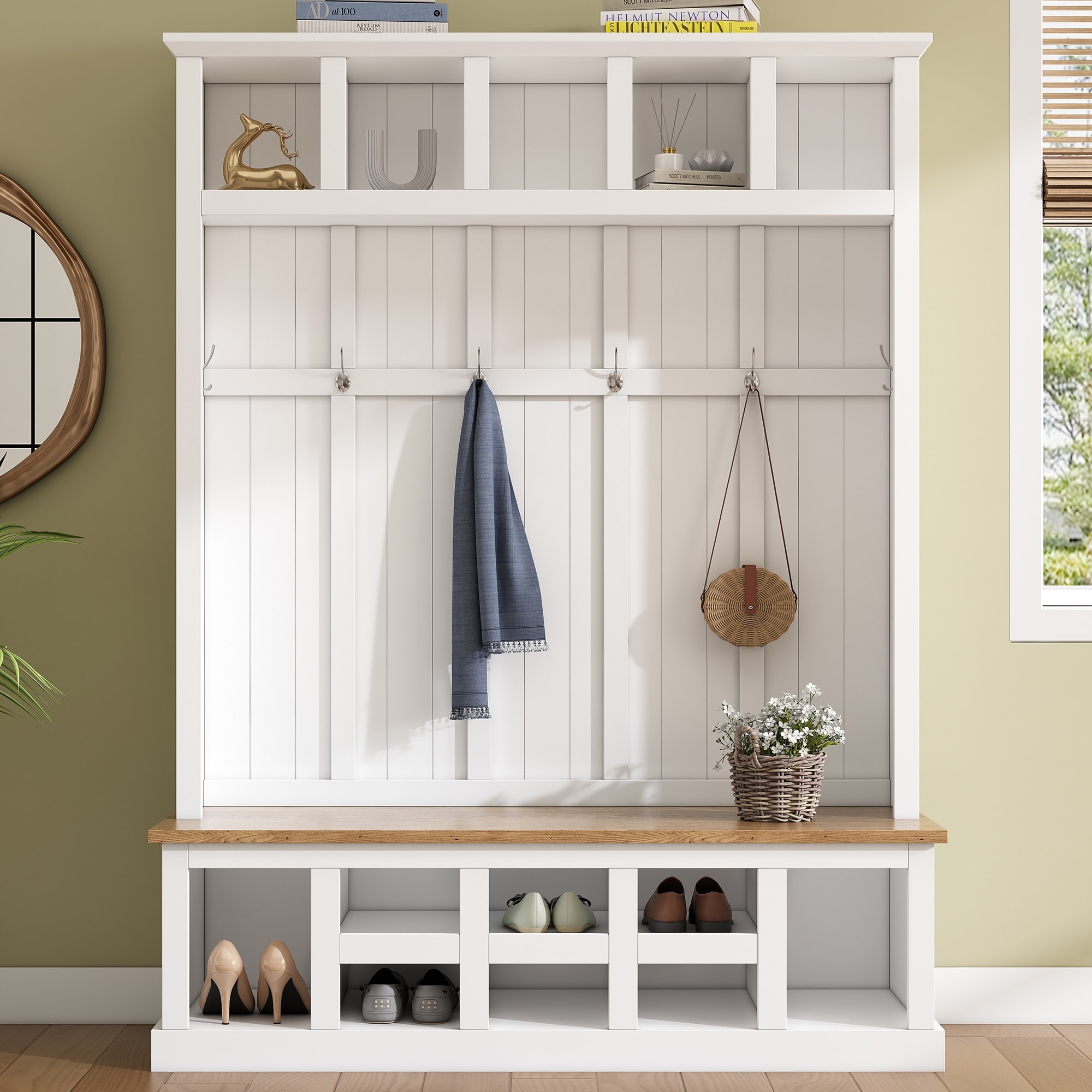 Entryway Bench with Coat Rack, Hall Tree Hallway Organizer Shoe