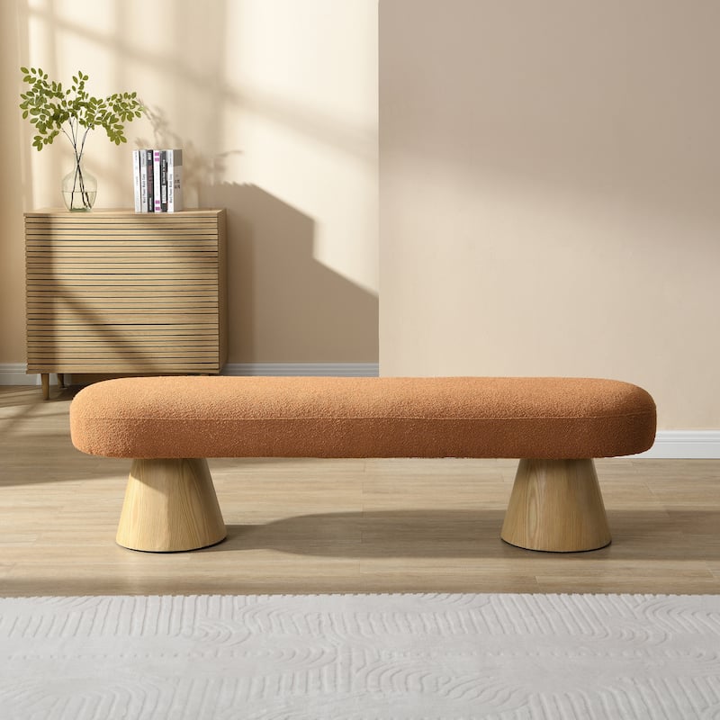 Leisure Bench End of Bed Bench Entryway Bench, Boucle Ottoman Dining Bench Upholstered Bench with Wood Legs - Orange
