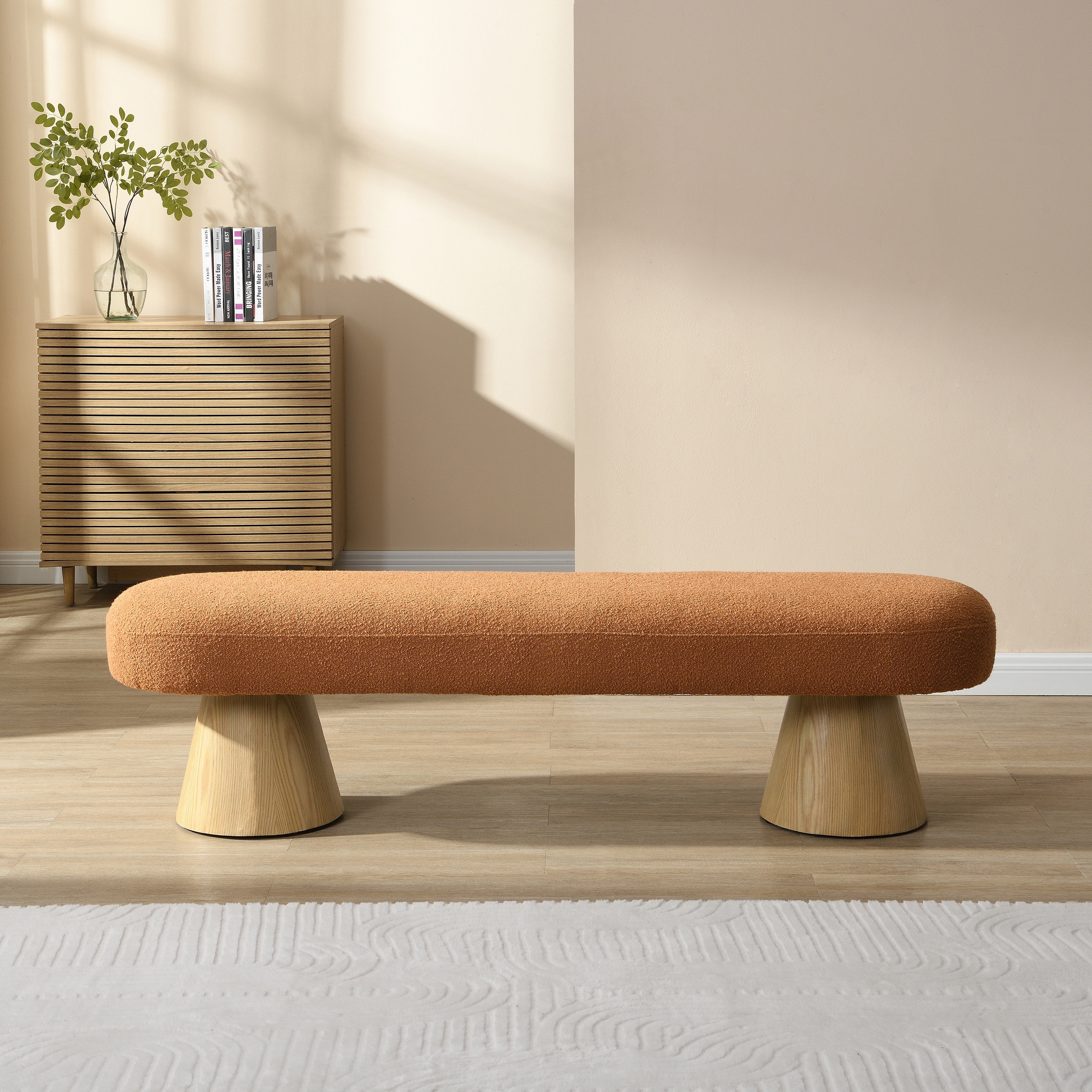 Long Upholstered Dining Bench With Boucle Seat And Wood Legs For High Capacity Seating