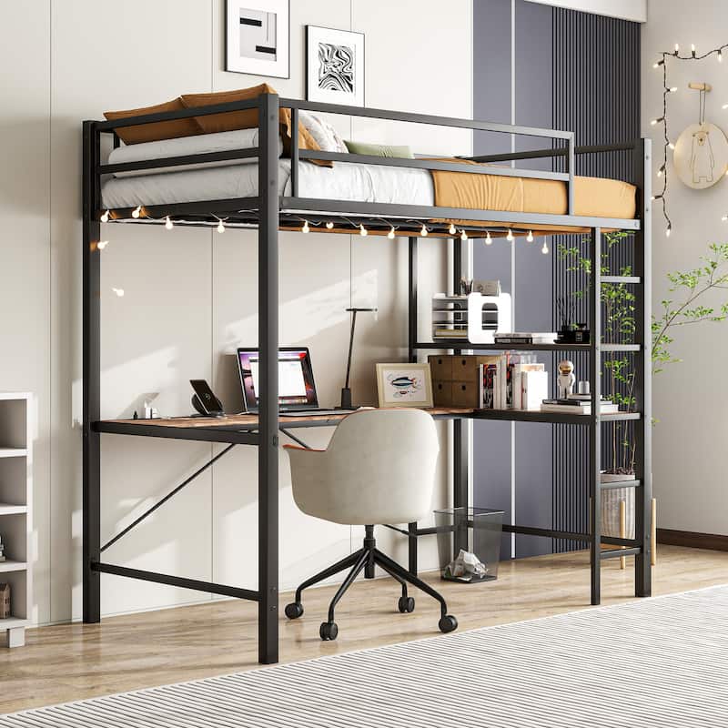 Twin size Metal Loft Bed with L-Shaped Desk, Charging Station, LED Lights, Safety Guardrails and Shelves