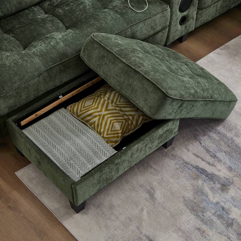 126" U-Shaped Sectional Sofa with Storage Ottomans & Bluetooth Speakers - Modular Couch with LED Lights, Console