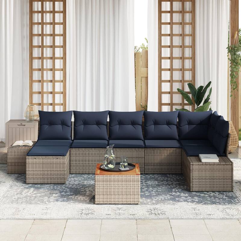 vidaXL 8 Garden Sofa Set with Cushions Black/Grey Poly Rattan - 125.6 x 60.6 x 27.2