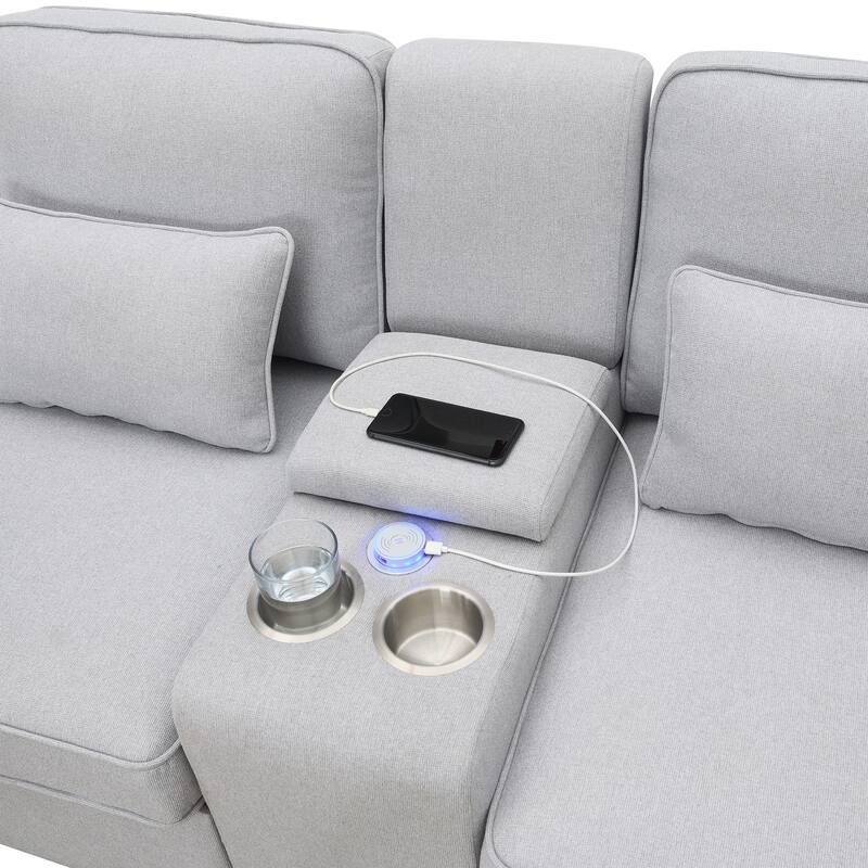 114.2" Linen Fabric Upholstered Sofa with 2 USB Ports and 2 Cupholders