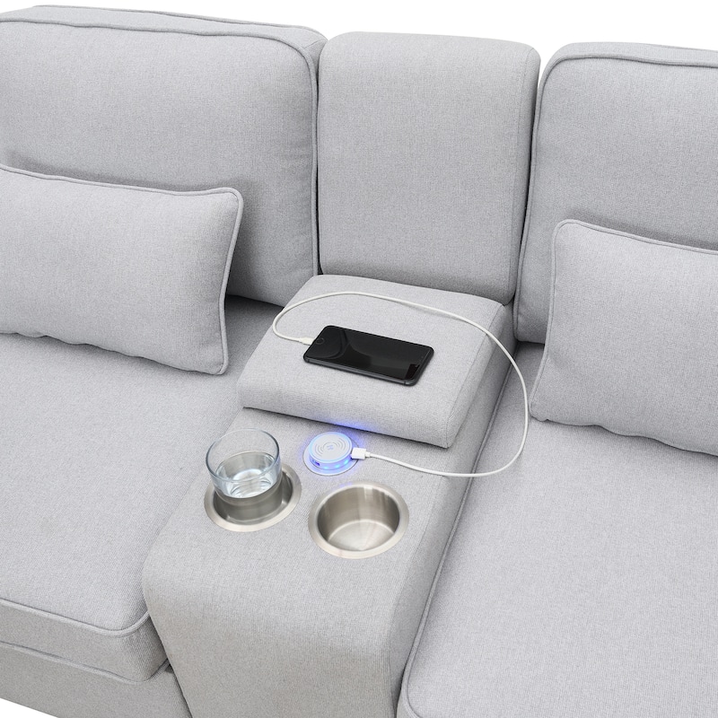 Modern 4-Seat Sofa with Console, Wireless Charging, 2 Cupholders, and 4 Pillows, Upholstered in Linen Fabric
