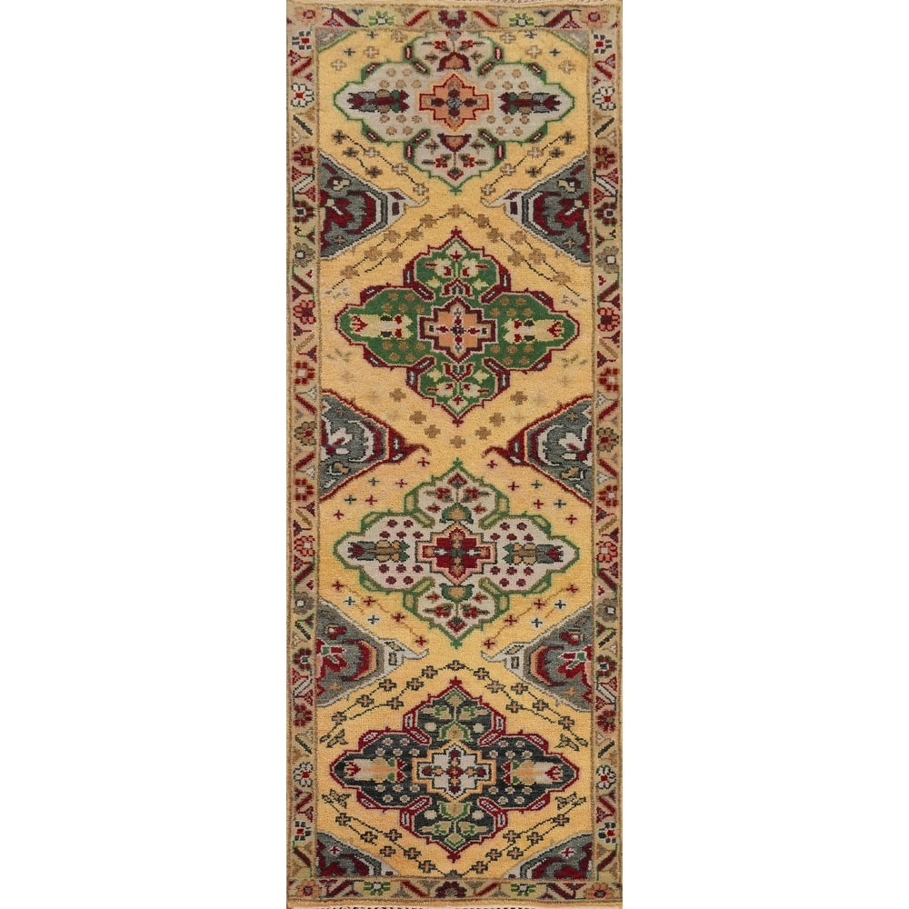 Hand-knotted Traditional Wool Yellow Geometric Area Rug Oriental Carpet - 8' 0'' X 2' 7''