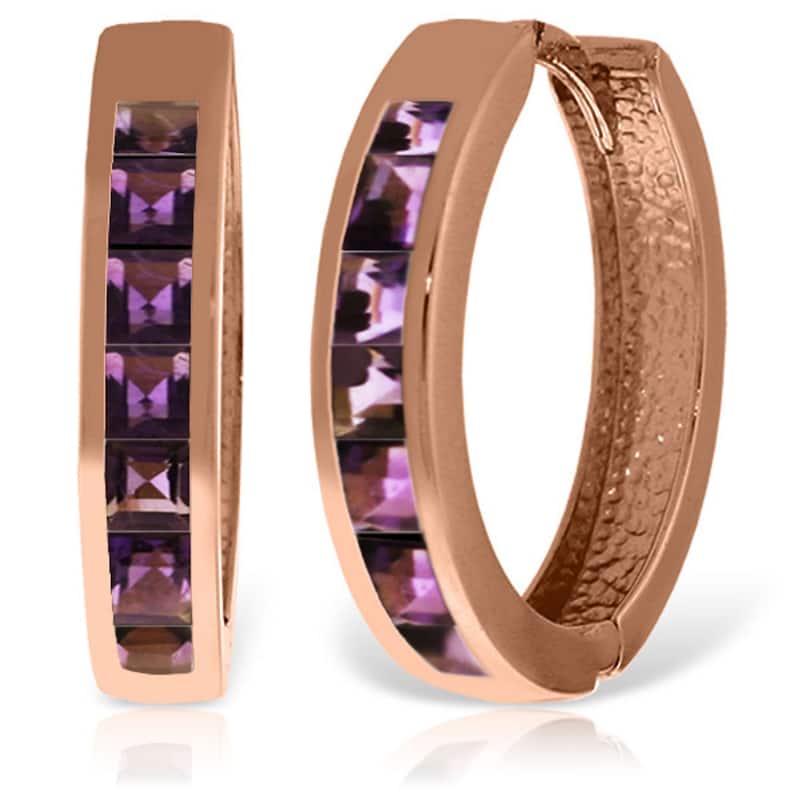 14K Solid Gold Hoop Huggie Gemstone Earrings w/ Natural Amethysts - Rose