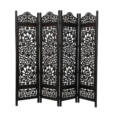 Wood Floral Handmade Foldable Partition Carved 4 Panel Room Divider Screen - Black - Roche River Decor - 1"W x 80"L x 72"H