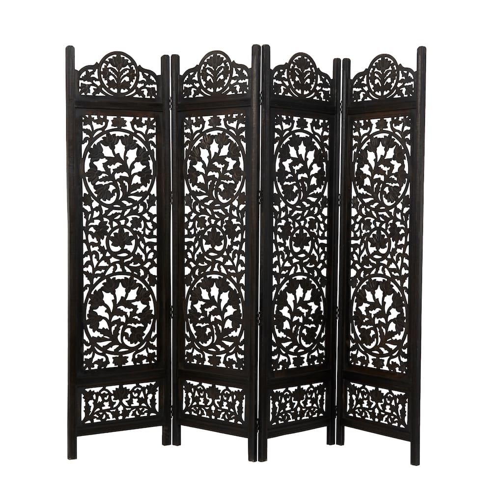 Wood Floral Handmade Foldable Partition Carved 4 Panel Room Divider Screen - Black - Roche River Decor - 1"W x 80"L x 72"H
