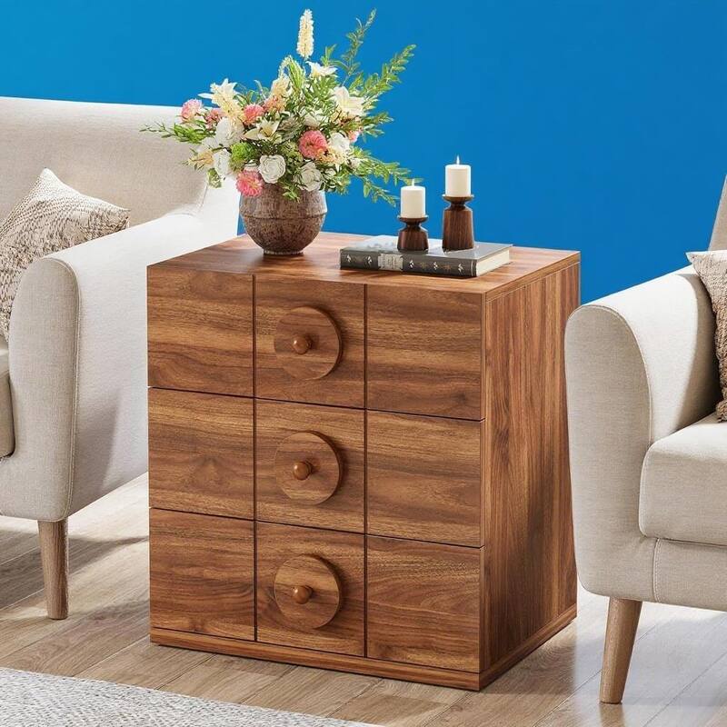 Natural Wood Metal 3-Drawer Nightstand with Checkerboard Design - Natural Wood