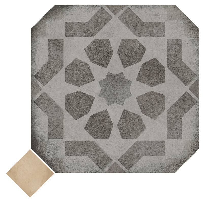 Merola Tile Laverton Octagon Deco Sombra with Taco Beige 7-7/8" x 7-7/8" Porcelain Floor and Wall Tile