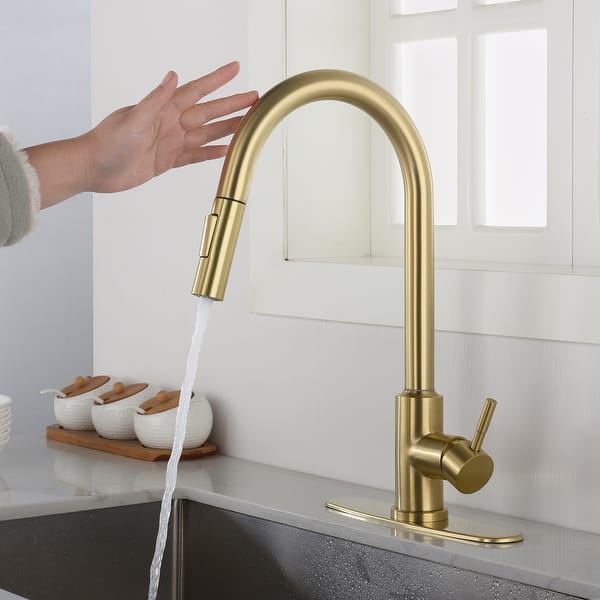 slide 1 of 7, Brushed Gold Touch Kitchen Faucet with Pull Down Sprayer - 8.66*8.07*16.53