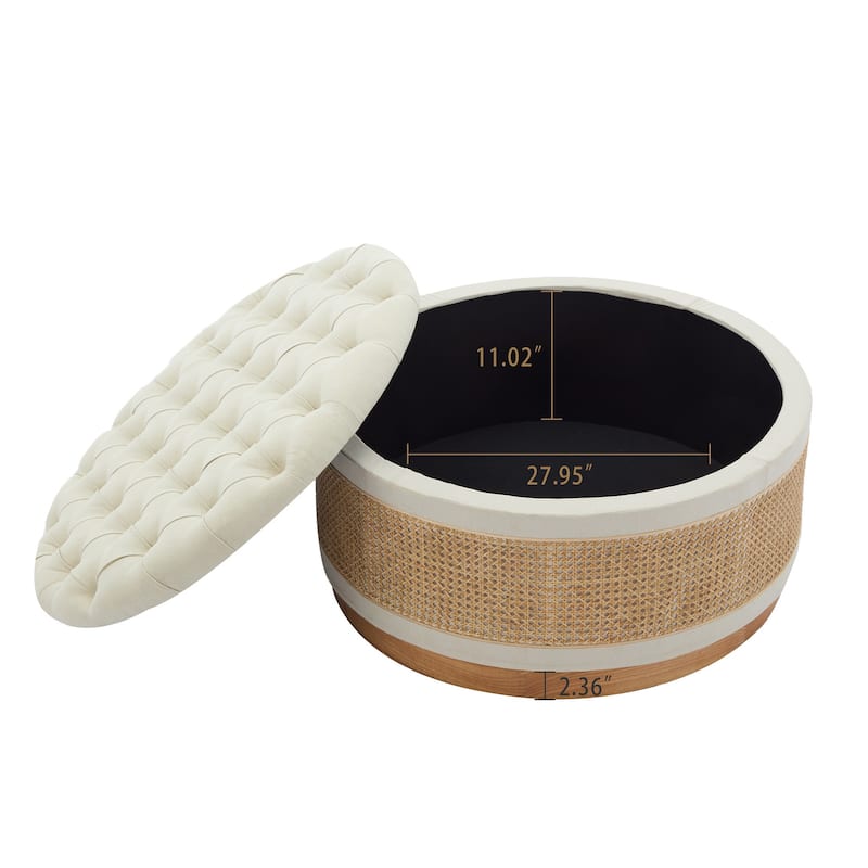 Linen & Rattan Round Storage Ottoman, Button-tufted Upholstery
