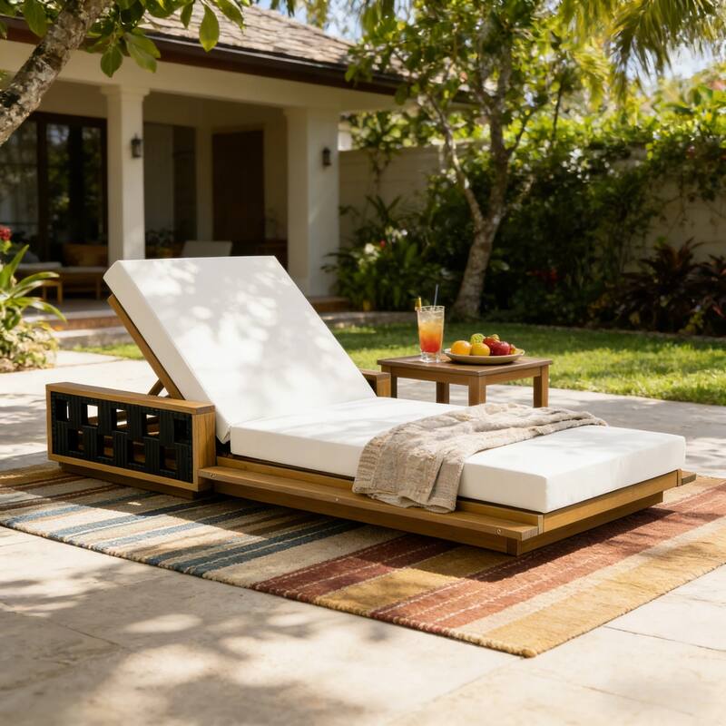 Christopher Knight Home - Modern Outdoor Solid Acacia Wood Lounge Chair with Adjustable Recline and Rope Accents - 78.94"L
