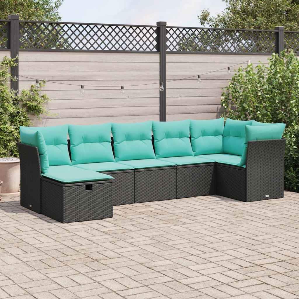 vidaXL 7 Piece Patio Sofa Set with Cushions Black Poly Rattan - 21.7 x 24.4 x 27.2