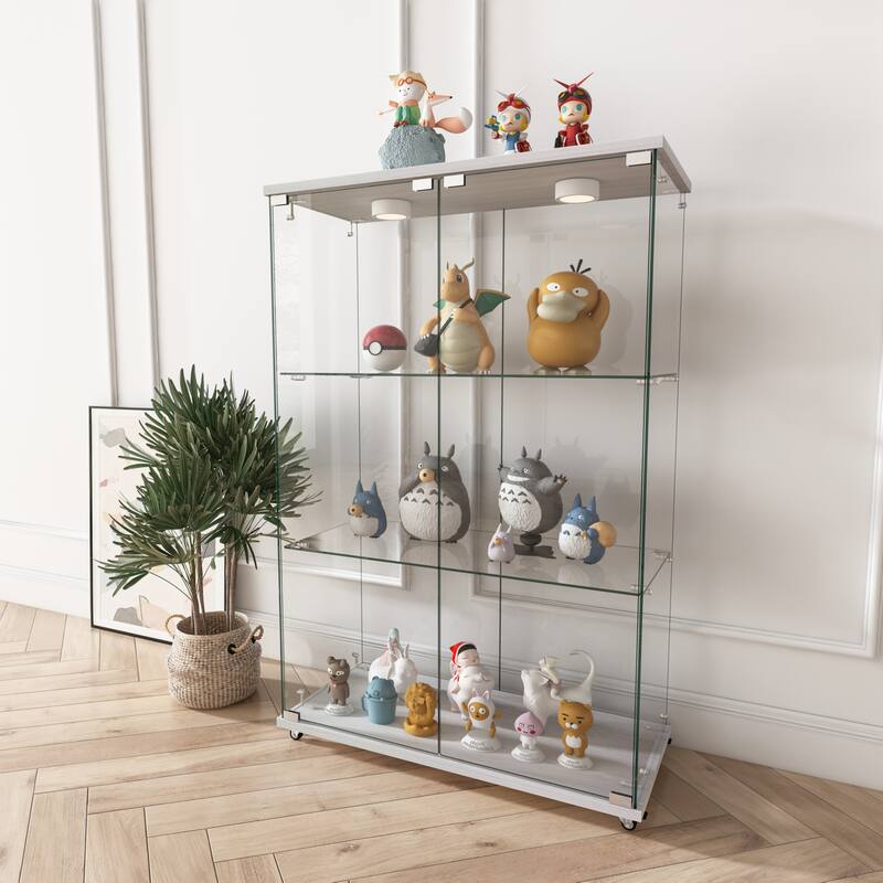 Modern Glass Display Cabinet with LED lights, Quick-assembly Antique Cabinet, Tempered Glass Bookshelf