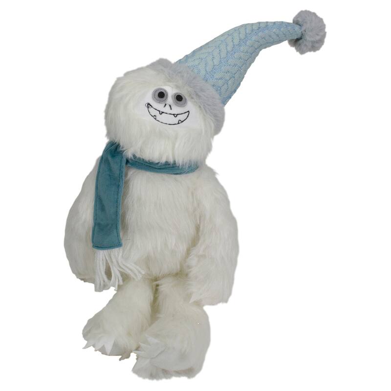 Plush Sitting Yeti with Knitted Hat Christmas Figure - 22" - White and Blue