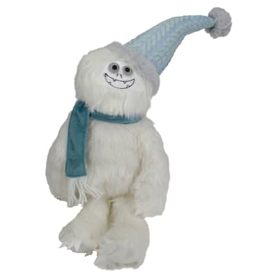 Plush Sitting Yeti with Knitted Hat Christmas Figure - 22" - White and Blue
